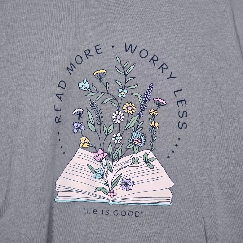 Life is Good crusher graphic tee muted green read more worry less bookish Size M - Picture 2 of 5